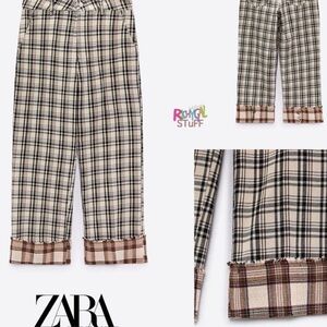 ZARA Cream & Black Windowpane Plaid Cuffed Pants Size 6